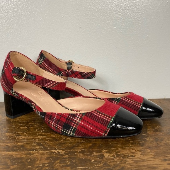 J Crew Millie ankle-strap block heels in Good Tidings plaid patent leather NWOT - Picture 1 of 10